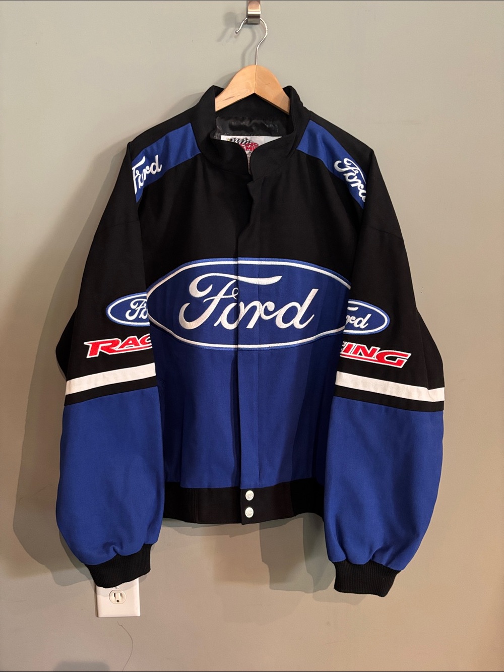 Ford Racing NASCAR Embroidered Jacket Blue Black Zipper Snap Front Racing Coat